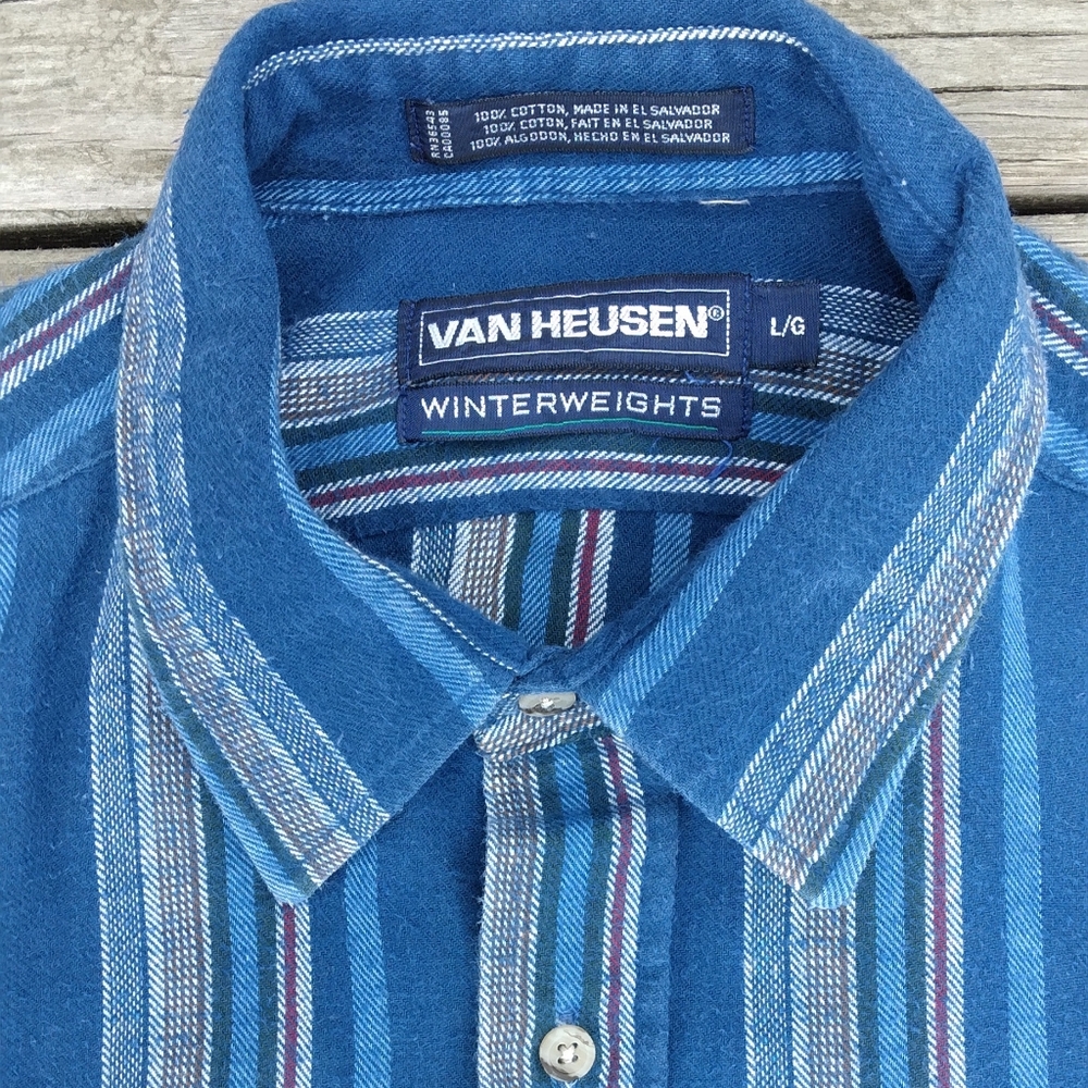 Van Heusen Winterweight Cotton Flannel Blue Stripe Button Down Long Sleeve Shirt